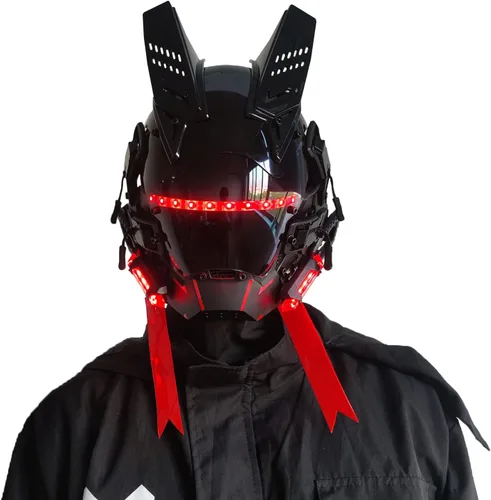 Vista 8 de Máscara gótica punk, máscara Techwear, casco de Halloween Cosplay Tech con luz LED Azul