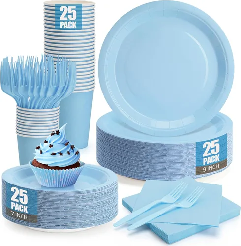 Vista 22 de Platos y servilletas de papel negro, platos desechables para fiestas, incluye platos de 7 y 9 pulgadas, tazas, servilletas, tenedores, suministros