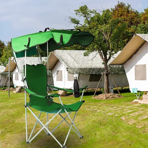 Vista 2 de Sillas de camping con toldo, silla de césped portátil cuádruple para adultos, silla reclinable plegable con sombra y portavasos para eventos al aire