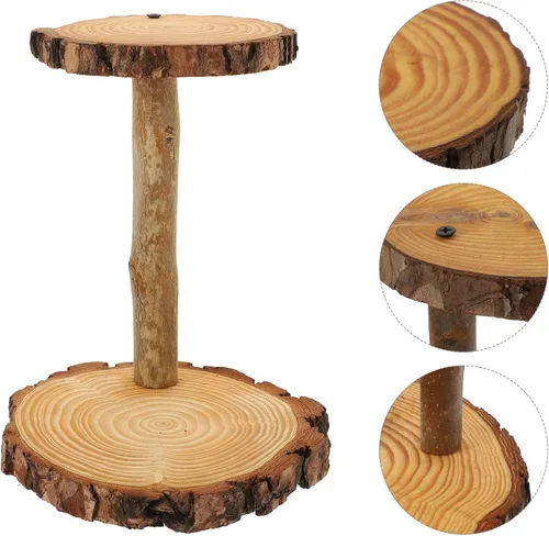 Vista 7 de HOMSFOU - Soporte de madera para cupcakes de 2 niveles, estante de exhibición de postres rústico multicapa, soporte redondo para mesa de boda