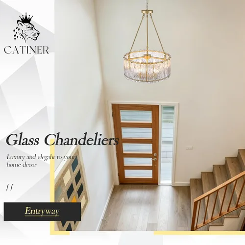 Vista 7 de CATINER Candelabro de cristal de 20 pulgadas, moderno, 6 luces, lámparas de tambor dorado, iluminación colgante de techo de lujo para entrada