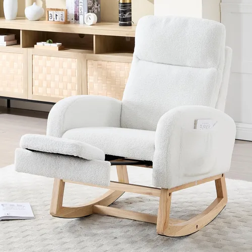 Vista 12 de NIOIIKIT Mecedora Moderna para Guardería, Mecedora Tapizada Teddy con Reposapiés, Cómoda Mecedora Deslizante con Bolsillo Lateral para Sala