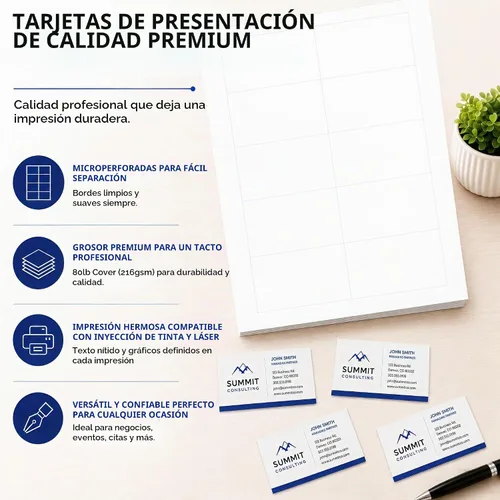 Vista 3 de Papel blanco pesado para tarjetas de visita en blanco, 20 hojas, 200 tarjetas de visita, cubierta de 80 libras, 7.69 oz/m², compatible
