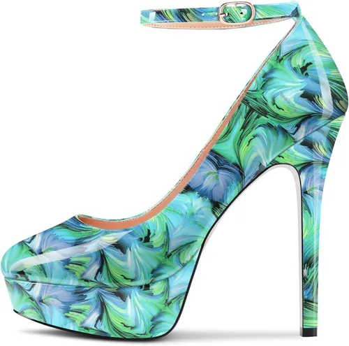 Vista 2 de Aachcol Zapatos de tacón de aguja para mujer, con punta redonda, correa de tobillo sin cordones, tacón alto, zapatos de vestir para fiesta, boda