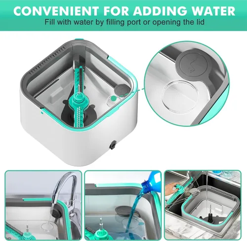 Vista 4 de Cubo de trapeador giratorio mejorado y cubo de trapeador autosuficiente, sistema de agua sucia y limpia separada, juego de trapeador y cubo