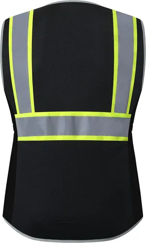 Vista 6 de Chaleco de seguridad para mujeres, chaleco de trabajo reflectante de alta visibilidad con 9 bolsillos múltiples y cremallera Negro