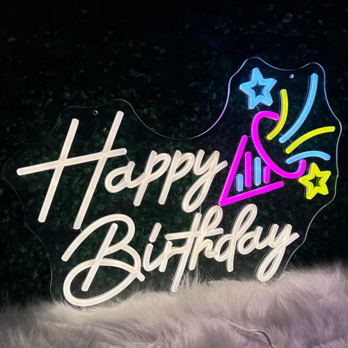 Vista 4 de Letrero de neón de feliz cumpleaños, letrero de fiesta con luz LED de 20 pulgadas para decoración de pared con enchufe USB, letrero iluminado