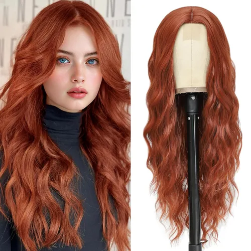 Vista 40 de Peluca larga de cobre para cosplay, peluca sintética de 26 pulgadas, parte media, regalos realistas, pelucas de fiesta para mujeres, uso diario
