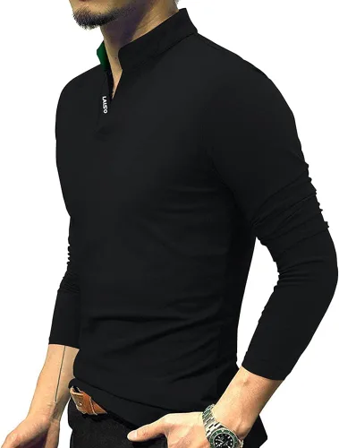 Vista 3 de LOGEEYAR Camisa polo de moda para hombre, de manga larga, ajustada, Henley, ropa de algodón piqué