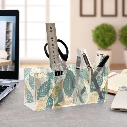 Vista 4 de Boho Style Leaves Pen Pencil Holder for Desk, Decorative Pen Holders 4 Compartments, Makeup Brush Cup Acrylic Desk Organizer for Office Classroom