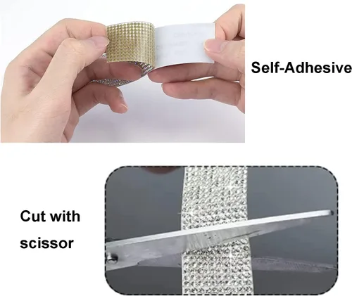 Vista 7 de Cinta de diamantes de imitación de cristal autoadhesiva plateada de 12 filas de 4 yardas con diamantes de imitación de 0.079 pulgadas con purpurina