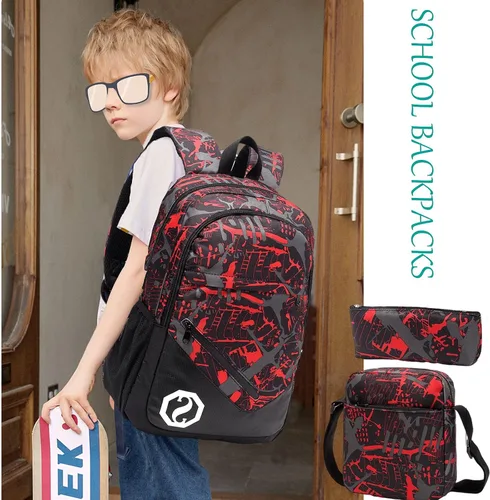 Vista 7 de Mochilas escolares para niños y niñas, juego de mochila para adolescentes, bolsa de hombro y estuche para lápices, B246 Rojo, talla única , Mochilas