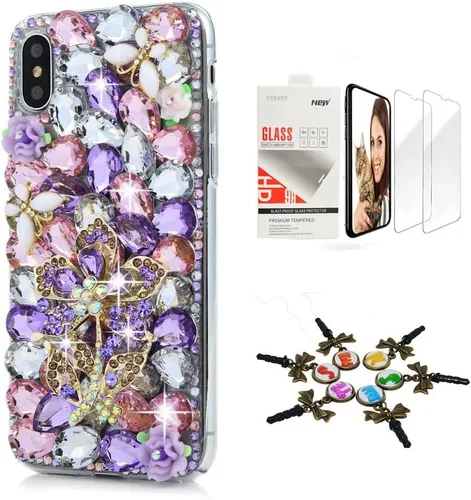 Vista 8 de Sparkle Funda compatible con iPhone 12 – Elegante – 3D hecha a mano con lazo y corona de lazo para llaves, diseño de rosas y diamantes de imitación