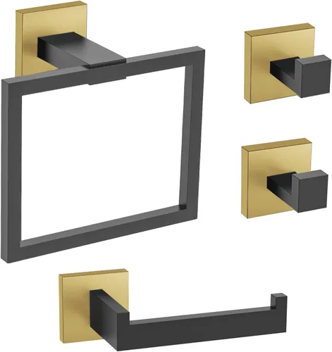 Vista 10 de TURS Juego de 3 toalleros negros con anillo para toallas, gancho para toallas de baño, de acero inoxidable, montaje en pared.
