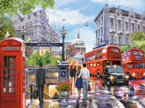 Vista 2 de CASTORLAND Rompecabezas de 2000 piezas, primavera en Londres, centro de la ciudad, autobús rojo, Reino Unido, Gran Bretaña, rompecabezas