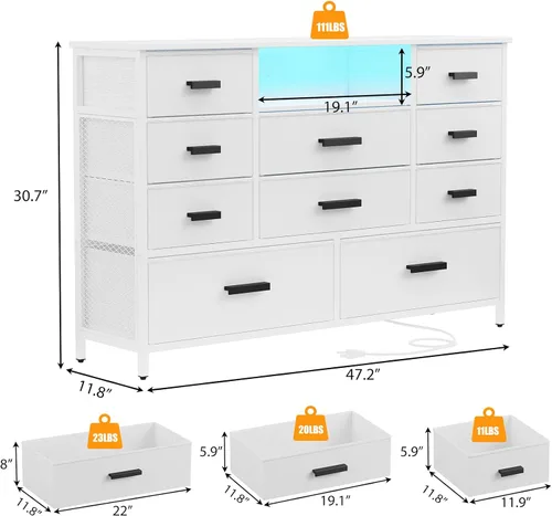 Vista 8 de Cómoda con estación de carga, cómoda blanca para dormitorio con 10 cajones, soporte para TV con almacenamiento y luz LED para TV de 55", de tela