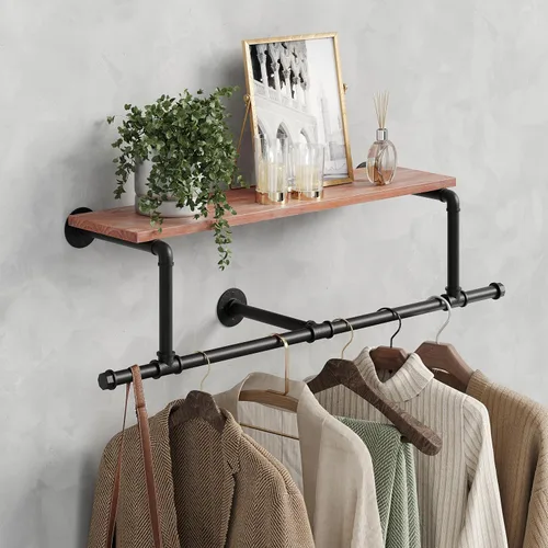 Vista 11 de Perchero para ropa de 72 pulgadas, para montar en la pared, con estante de madera real, perchero colgante resistente, barra para colgar multiusos