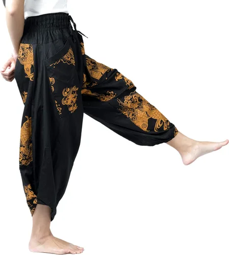 Vista 7 de Kurop Saruel - Pantalones con patrón de carpa japonés, pantalones anchos tailandeses, pantalones Aladdin, ropa de baile, yoga, gaucho para hombre