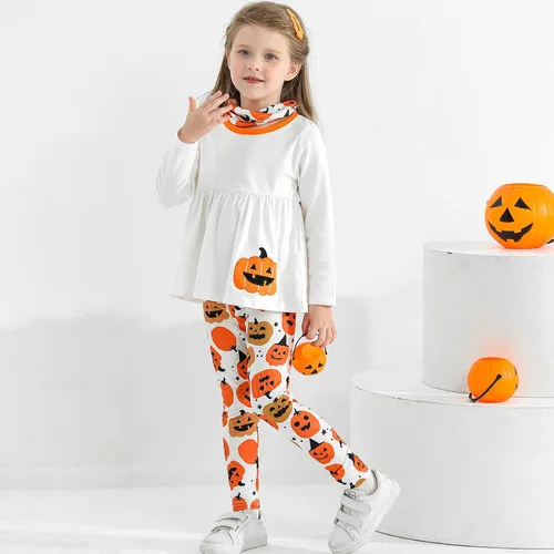 Vista 3 de Conjunto de ropa de 3 piezas de ropa de manga larga con volantes de calabaza para bebé niña pequeña con bufanda