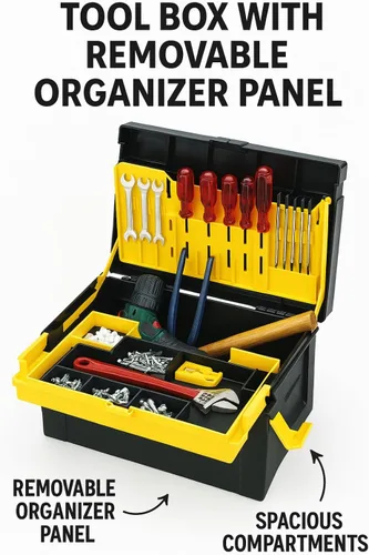 Vista 2 de Caja Organizadora de Herramientas Compacta con Bandeja Extraíble Caja de Herramientas de Plástico Resistente con Compartimentos para DIY