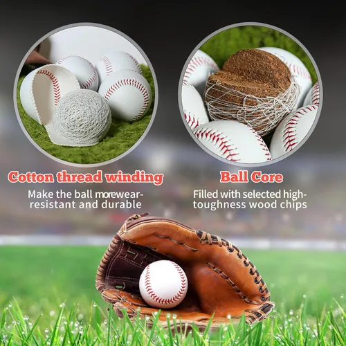 Vista 3 de Paquete de 12 pelotas de béisbol para adultos de tamaño estándar, 9 pulgadas, sin marcar y cubierta de cuero, pelota de entrenamiento de práctica