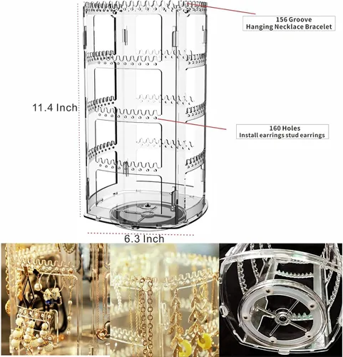 Vista 2 de SuoXing Organizador de aretes de acrílico transparente giratorio de 360 grados, soporte para aretes de 4 niveles, 160 agujeros y 156 ranuras