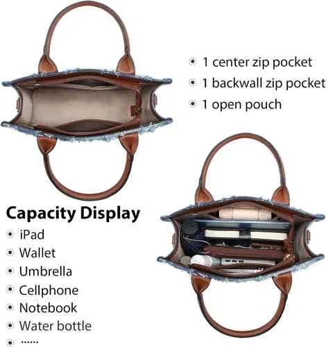 Vista 6 de VANSARTO Bolso de mano de mezclilla para mujer, con asa superior, estilo azteca, estilo bohemio, con correa para la muñeca