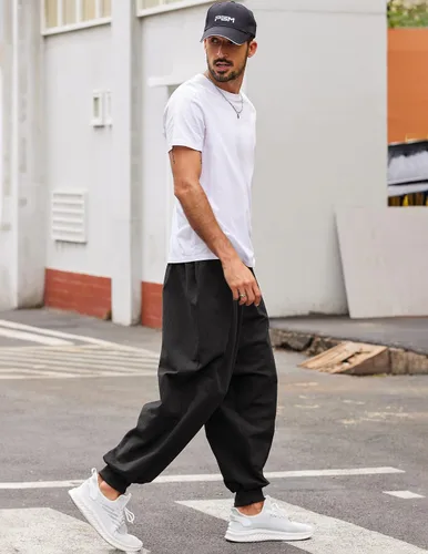 Vista 3 de COOFANDY Pantalones de harén hippie para hombre, holgados, de lino, algodón, pantalones de yoga, pantalones de playa de verano, pantalones casuales