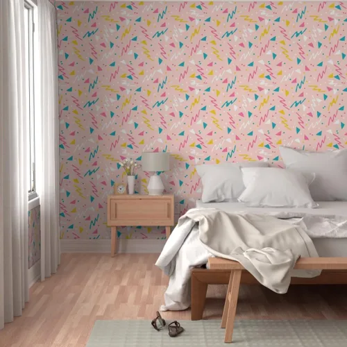 Vista 5 de Papel tapiz para despegar y pegar, diseño retro de los años 80, diseño abstracto de los años 1980, confeti de surf rosa para niños, papel tapiz
