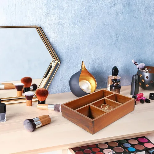 Vista 4 de SOIMISS Bandeja organizadora de maquillaje de madera, compartimento rectangular vintage, caja de almacenamiento de cosméticos con 4 rejillas
