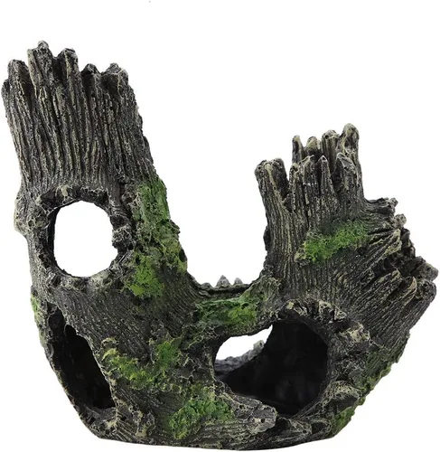 Vista 10 de Tronco de árbol de acuario, hueco de paisaje, tocón de madera, decoración de resina, escondite, cuevas, rocas, decoración, pecera, agujero, piedra