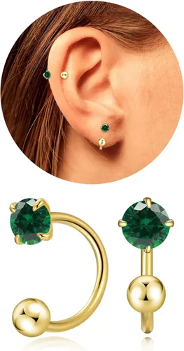 Vista 14 de Pequeños aretes de piedra natal natural de 0.118 pulgadas para mujeres, adolescentes y niñas, pequeños aretes de medio aro para cartílago