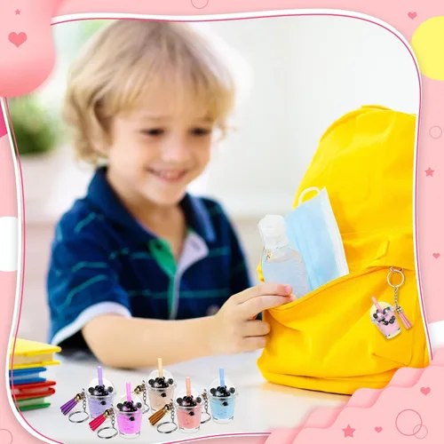 Vista 6 de Cunno 348 piezas de mini llaveros de té lechoso, accesorios de pegamento de té de burbujas, incluye anillos para llavero, mini taza, colgante