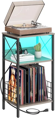 Vista 8 de Sthmec - Mesa auxiliar de 3 niveles con estación de carga, tocadiscos LED para almacenamiento de vinilo, estante de discos para álbumes, mesas Negro