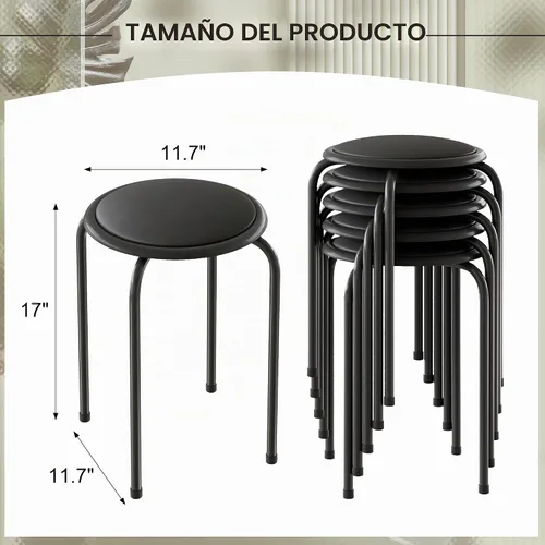 Vista 3 de VECELO Taburetes apilables de 6 piezas, altura estándar de 17 pulgadas, asiento acolchado y patas de acero, taburetes decorativos apilables Negro