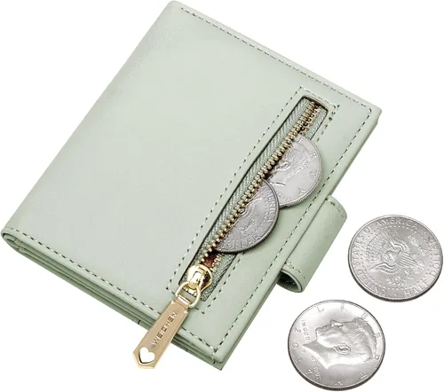 Vista 3 de Badiya Billeteras pequeñas para mujer, billetera plegable multitarjetero delgado con cremallera, Verde claro, Minimalista