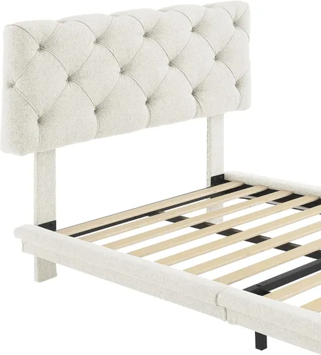Vista 8 de Cama de plataforma flotante, marco de cama de madera tamaño individual con rayas claras, tela de lino suave y cabecera de diseño capitoné
