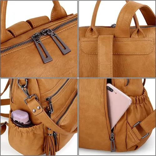 Vista 4 de UTO Mochila de cuero vegano para mujer, diseño de moda, convertible con borla, para viajes, con borla