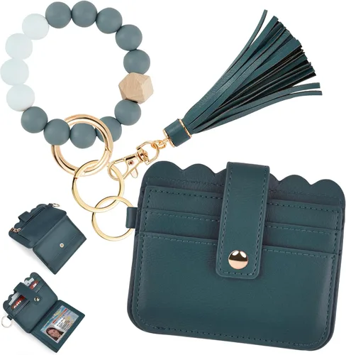 Vista 28 de Cartera de pulsera para mujer con llavero – Tarjetero RFID pequeña cartera con llavero Beige