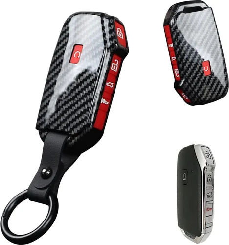 Vista 13 de x xotic tech Funda de llave con patrón de fibra de carbono negro brillante en ABS con cubierta de botón de silicona negra, compatible con KIA K3 4