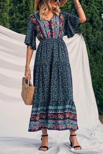 Vista 6 de PRETTYGARDEN - Vestido bohemio casual de verano para mujer, con estampado floral, cuello en V, manga corta, cintura alta, largo hasta el piso