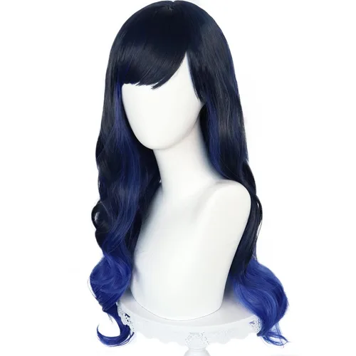 Vista 3 de ANOGOL Gorro de pelo + peluca larga azul oscuro ombré, juego ondulado, colorido escenario cosplay, peluca para mujeres y niñas, peluca sintética