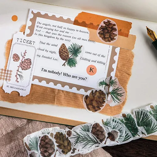 Vista 5 de 8 rollos de cinta adhesiva Washi vintage, diseño de pétalos de flores, hojas de helecho, mariposas, hojas de pino, hongos para bricolaje, diario