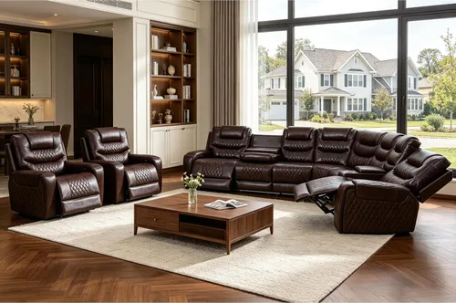 Vista 11 de Juego de sofá seccional reclinable de cuero, sofá seccional con 4 sillones reclinables Juegos de muebles de sala con 3 reclinables, luz LED