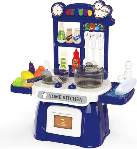 Vista 6 de Juego de cocina para niños pequeños con sonido y luz, juego de comida de cocina de simulación, juego de cocina para niños, fregadero de juego