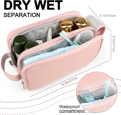 Vista 5 de Neceser para mujer, organizador de bolsa de viaje de maquillaje, bolsa de cosméticos de baño grande, kit de Dopp de viaje, bolsa de ducha, Rosa, L