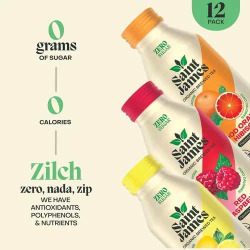 Vista 3 de Saint James Té negro orgánico helado, variedad de sabores, paquete de 12 (16 fl oz) Sin OMG, sin gluten, cero calorías, cero azúcar