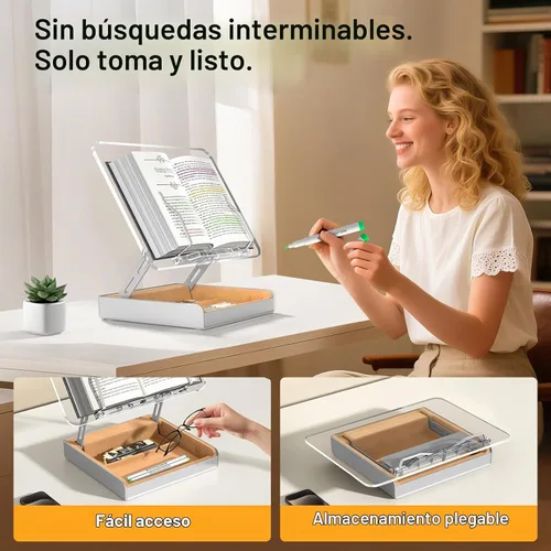 Vista 4 de Soporte para libros con almacenamiento, soporte para libros para lectura con manos libres, soporte de madera para libros de cocina para encimera