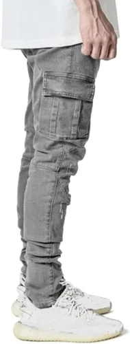 Vista 3 de HUNGSON Pantalones de mezclilla elásticos ajustados para hombre, jeans ajustados rasgados para hombre, pantalones de pierna recta desgastados