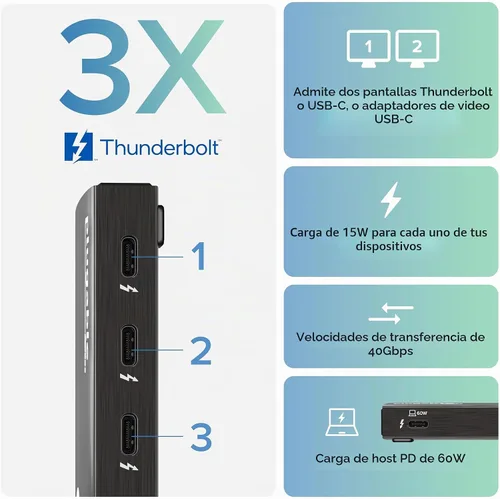 Vista 2 de Plugable Concentrador Thunderbolt 4 Carga de laptop de 60W 3 puertos Thunderbolt 4 Pantallas dobles 4K/pantalla única 8K Compatibilidad